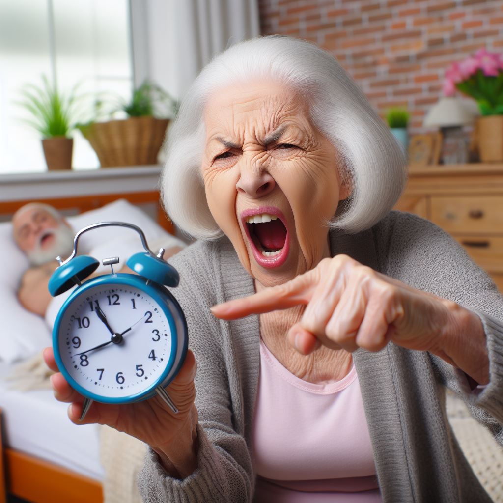senior citizen firing her alarm clock