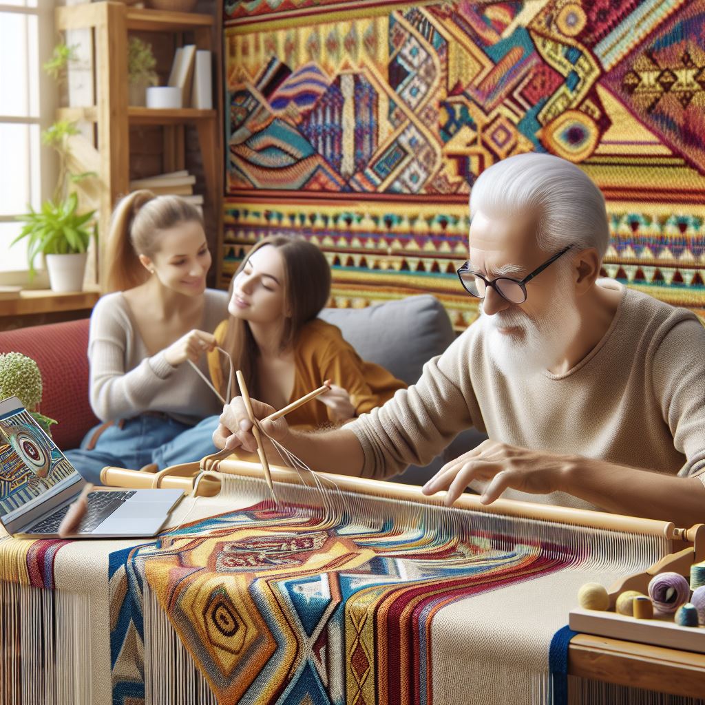 senior man weaving a digital tapestry
