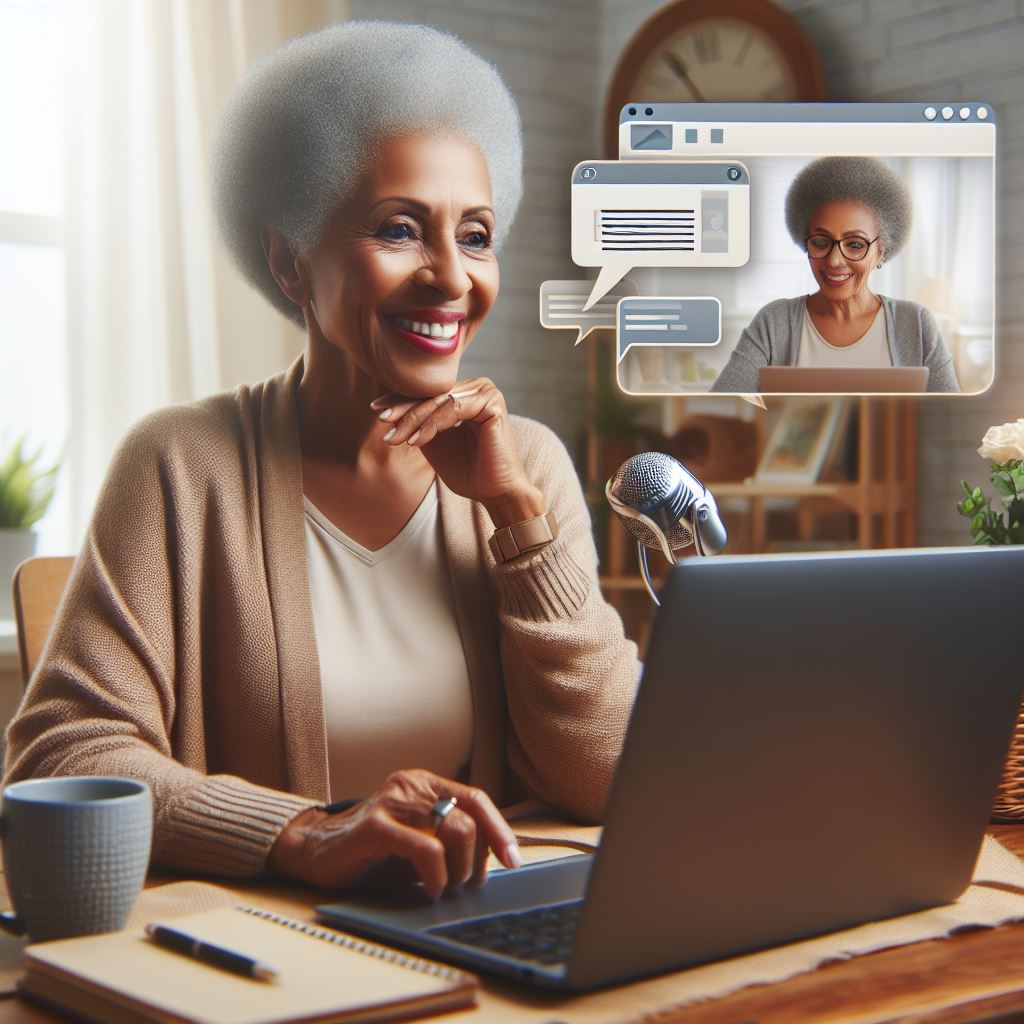 Senior citizen chatting online with her blogging audience