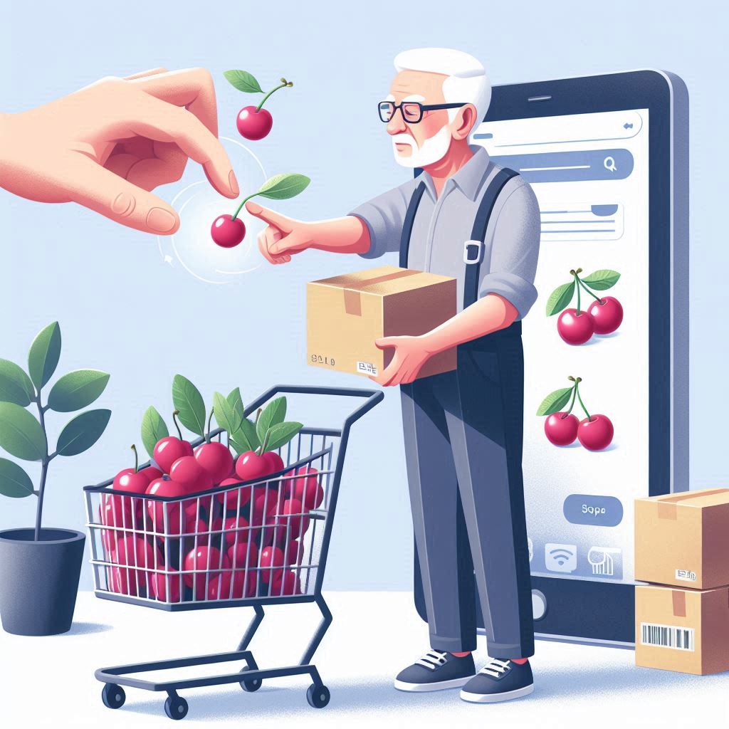 Senior citizen cherry picking products to promote