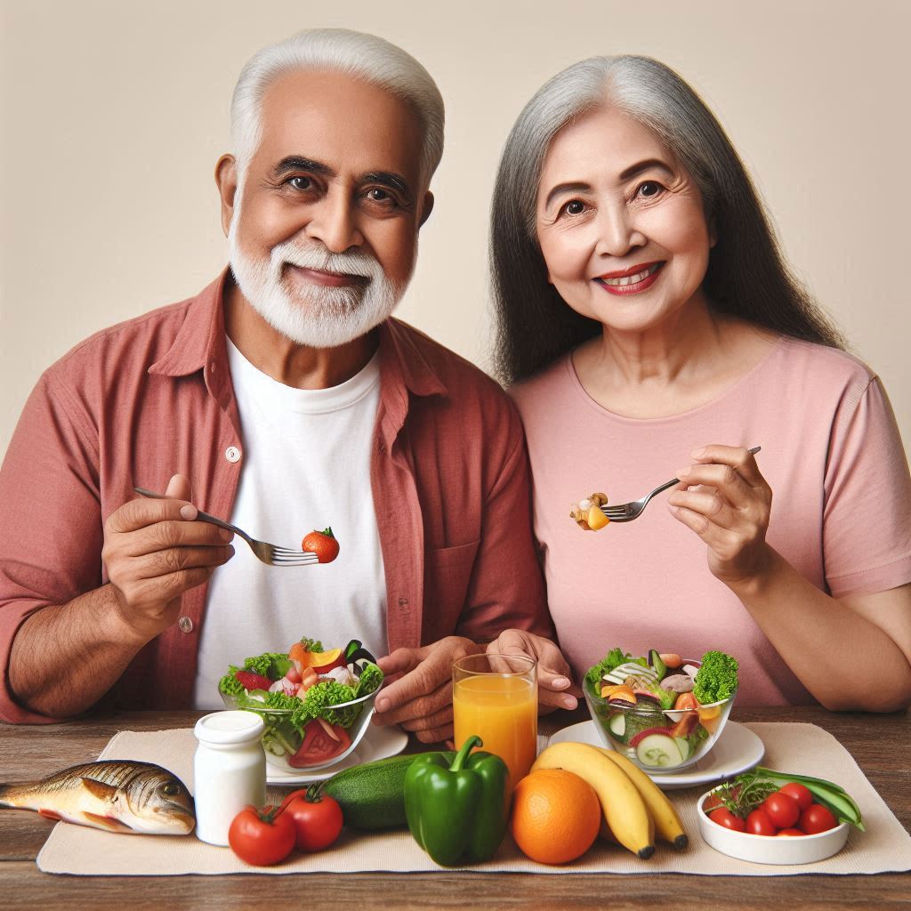 Senior citizens eating healthy foods