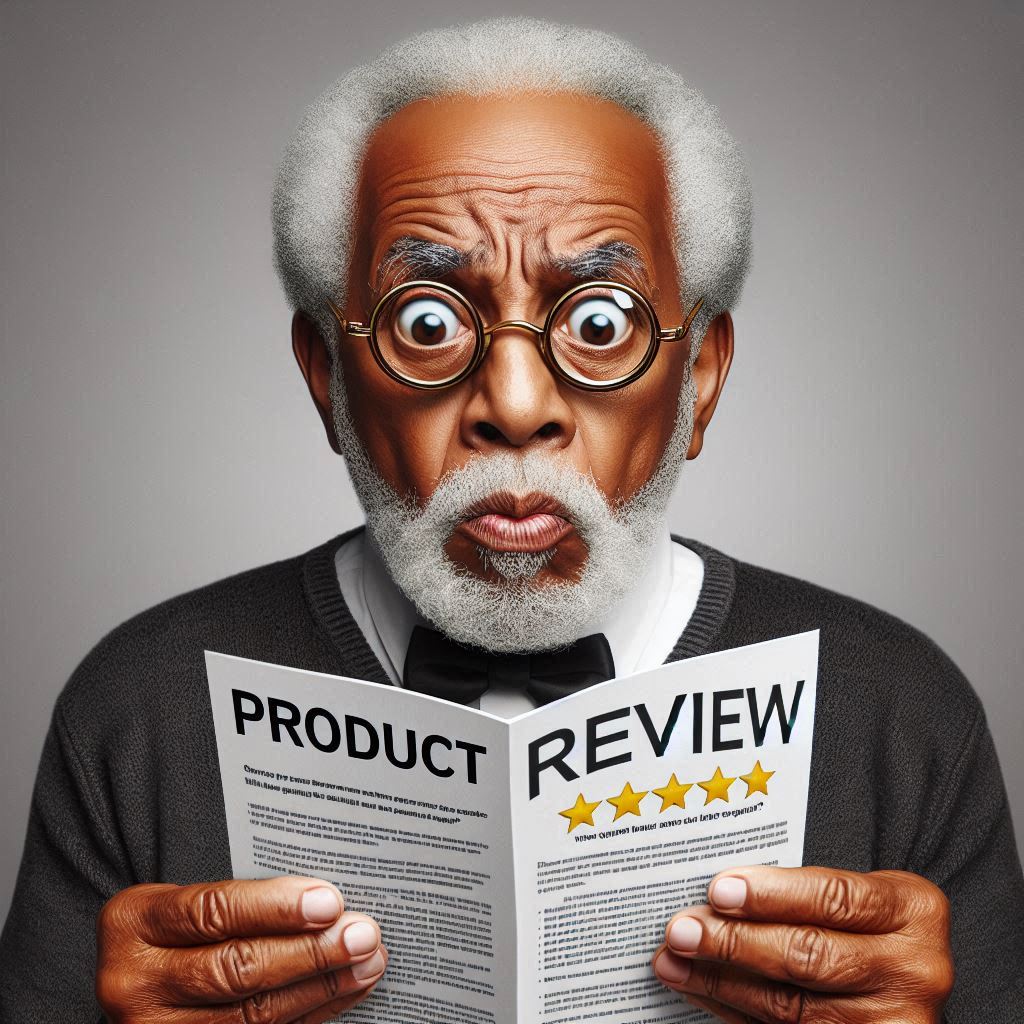 Senior citizen reading a product review