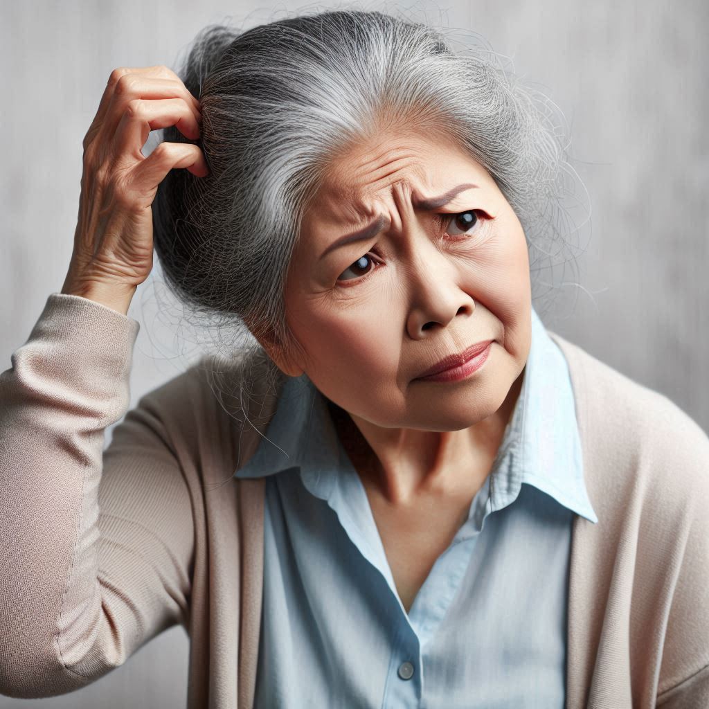 female senior scratching her head