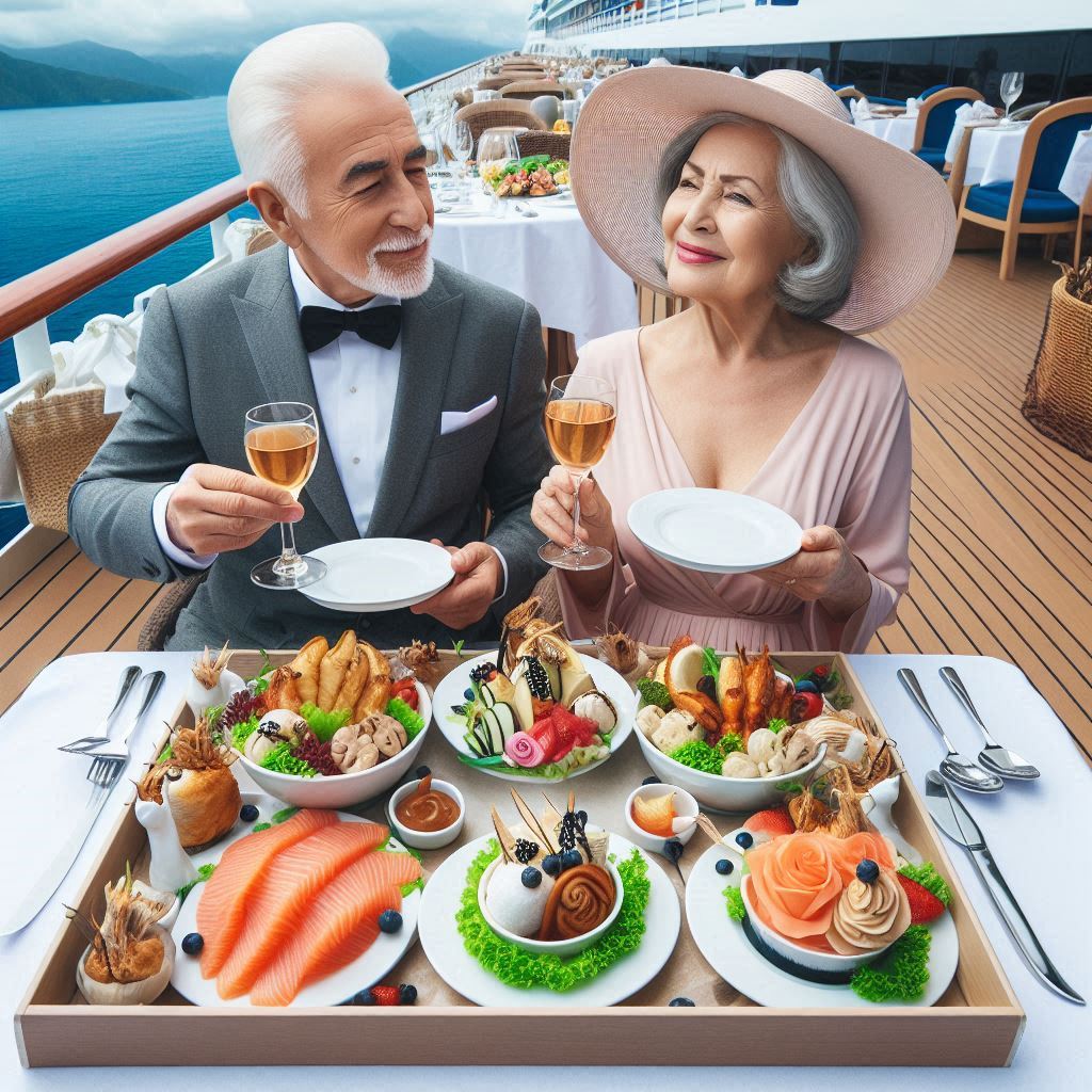 senior couple enjoying a gourmet meal aboard a cruise ship