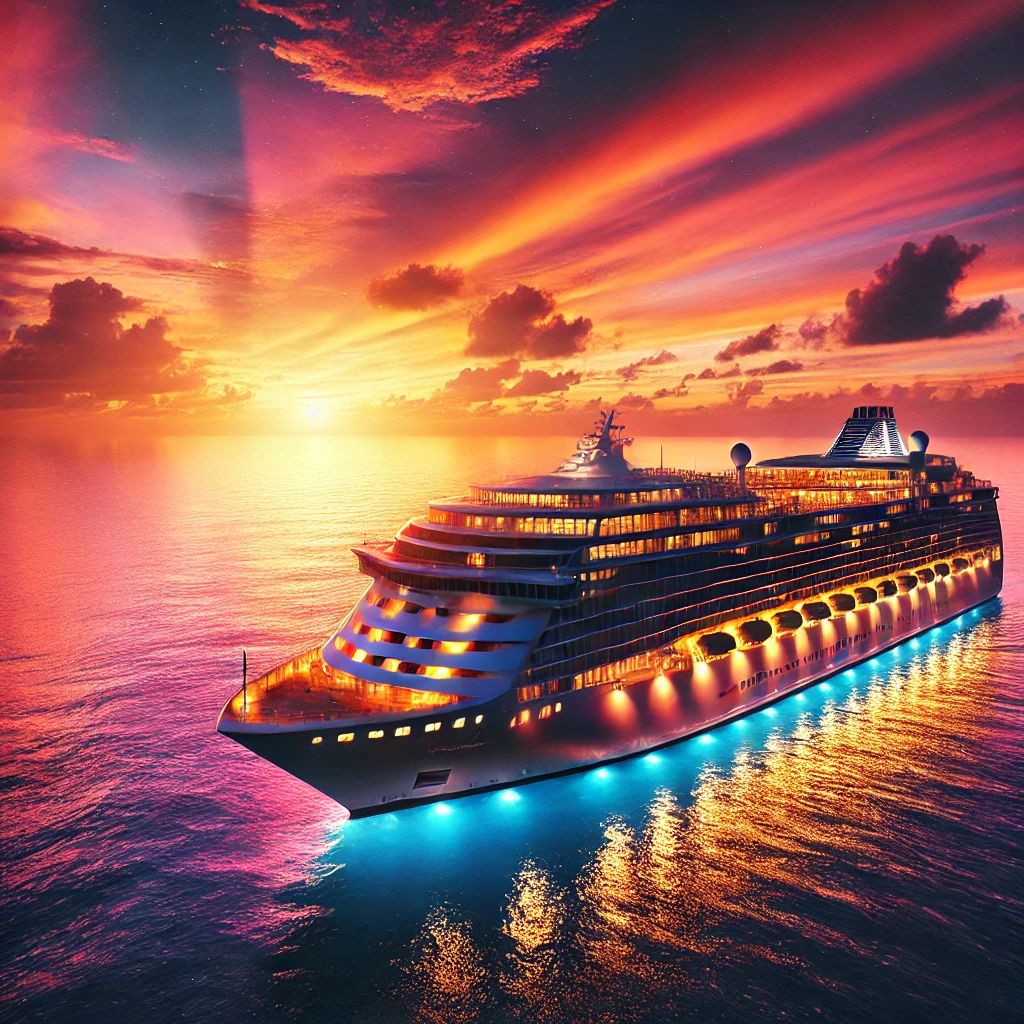 Luxury cruise ship at sunset