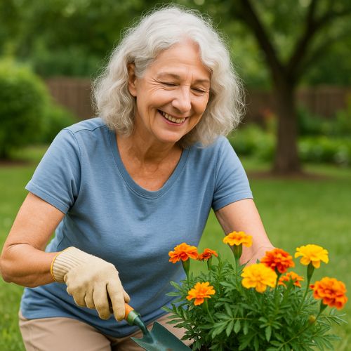 Smiling senior woman tending to her backyard garden, representing healthy aging, joy, and staying active through gardening after 60
