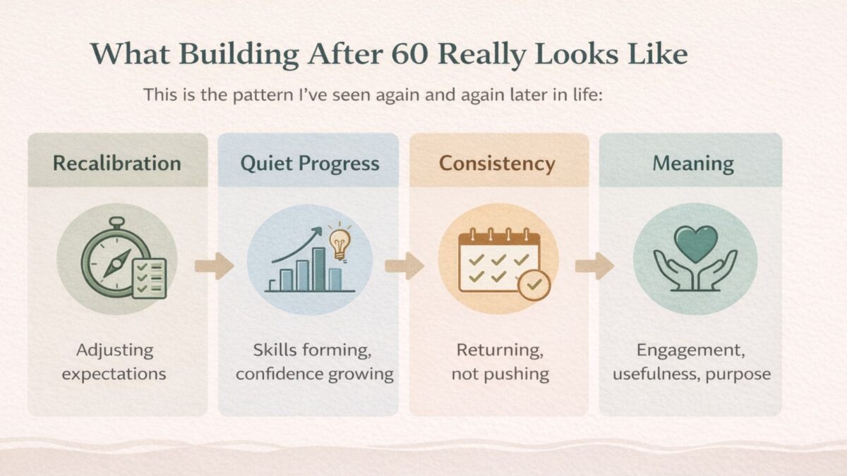 Infographic showing the stages of building after 60: recalibration, quiet progress, consistency, and meaning, illustrated as a step-by-step progression