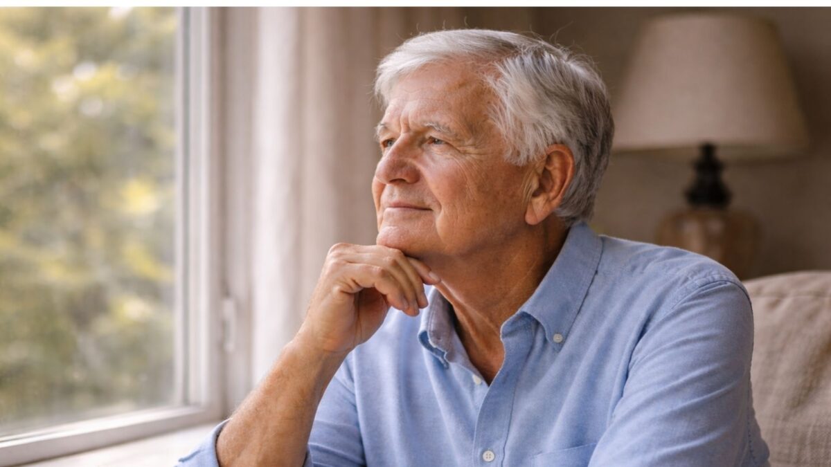Senior man in his early 70s sitting by a window with natural light, looking thoughtful and reflective