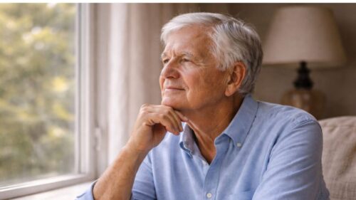 Senior man in his early 70s sitting by a window with natural light, looking thoughtful and reflective