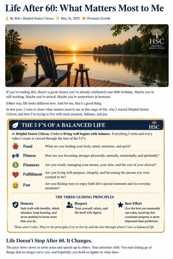 Branded Helpful Senior Citizen infographic introducing the 5 F's of a Balanced Life—Food, Fitness, Finances, Fulfillment, and Fun—along with the three guiding principles of Honesty, Respect, and Best Effort.