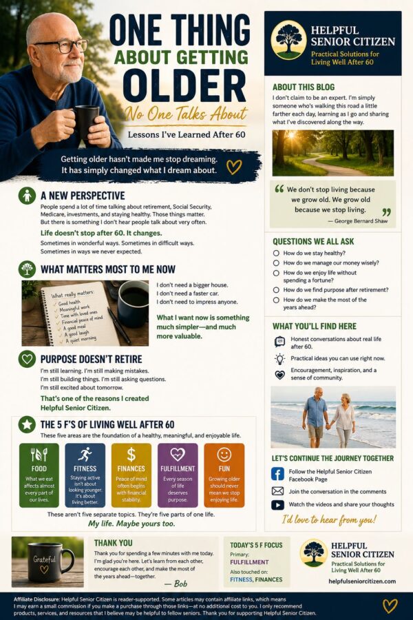 Infographic highlighting the lessons of growing older after 60, the 5 F's of living well—Food, Fitness, Finances, Fulfillment, and Fun—and the mission of Helpful Senior Citizen.